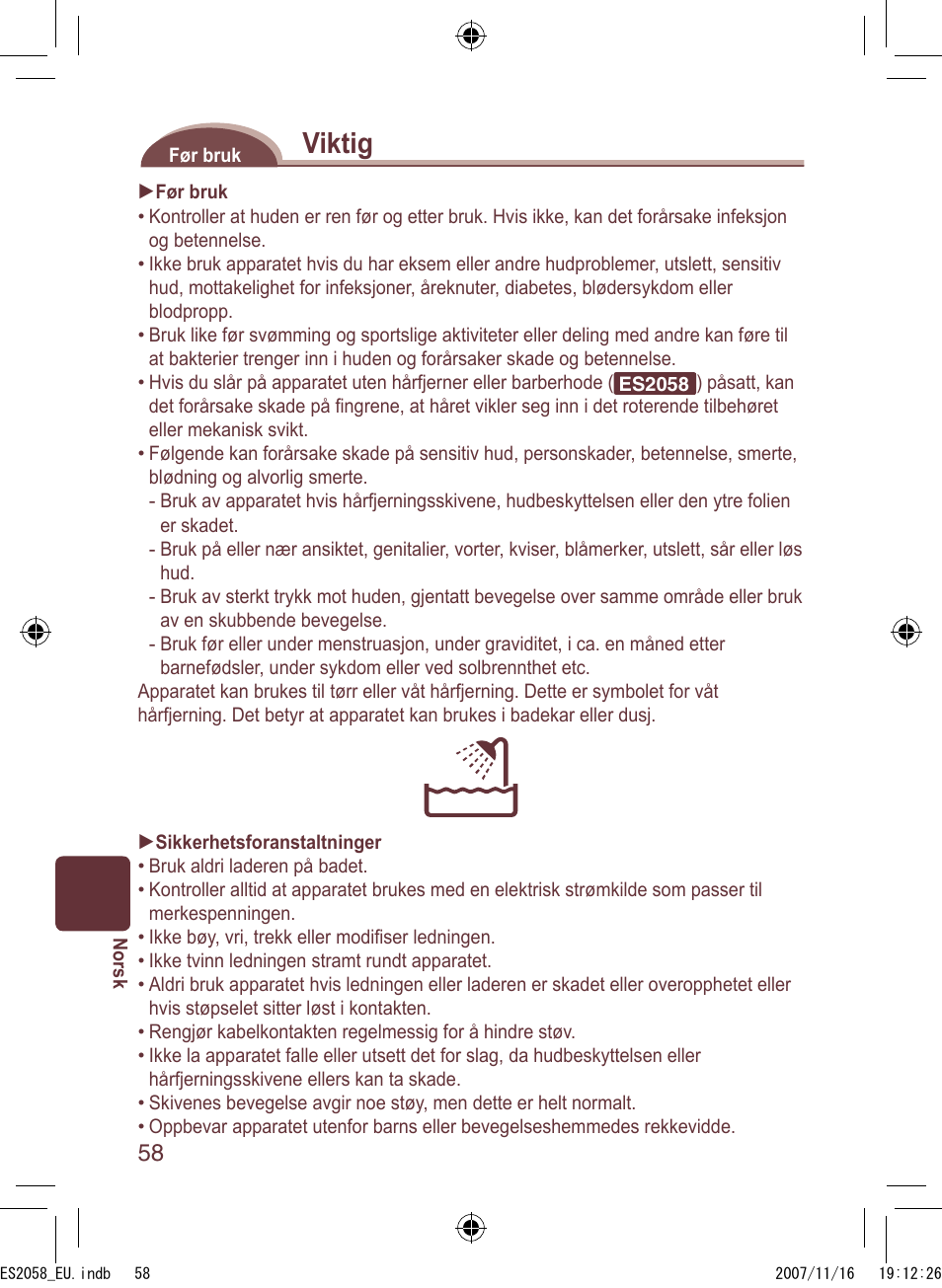 Viktig | Panasonic ES2056 User Manual | Page 58 / 168