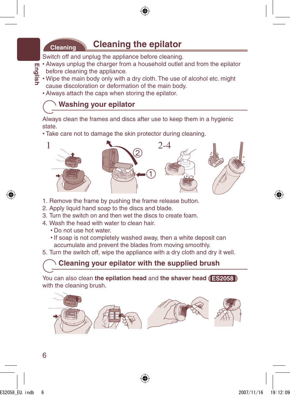 Cleaning the epilator | Panasonic ES2056 User Manual | Page 6 / 168