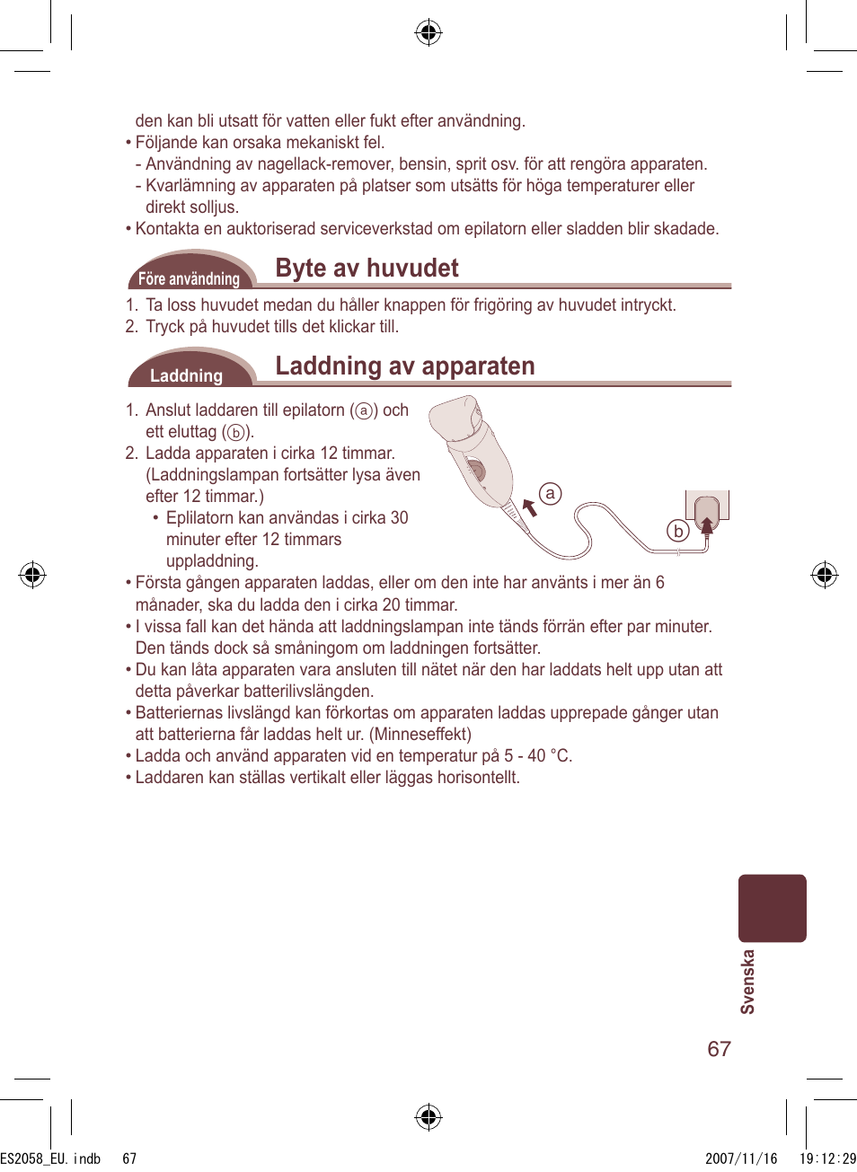 Byte av huvudet, Laddning av apparaten | Panasonic ES2056 User Manual | Page 67 / 168