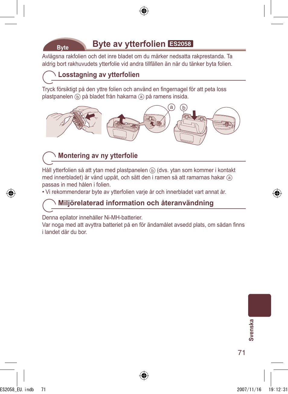 Byte av ytterfolien | Panasonic ES2056 User Manual | Page 71 / 168