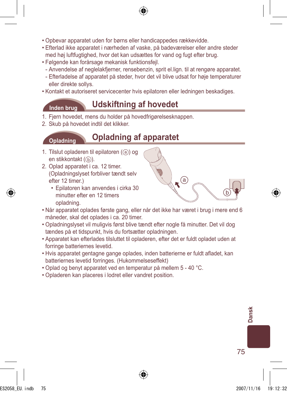 Udskiftning af hovedet, Opladning af apparatet | Panasonic ES2056 User Manual | Page 75 / 168