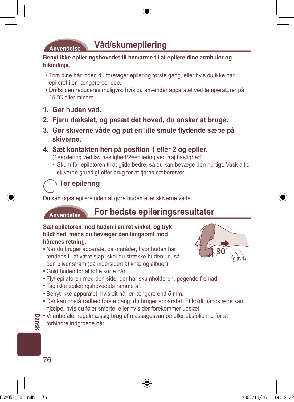 Våd/skumepilering, For bedste epileringsresultater | Panasonic ES2056 User Manual | Page 76 / 168