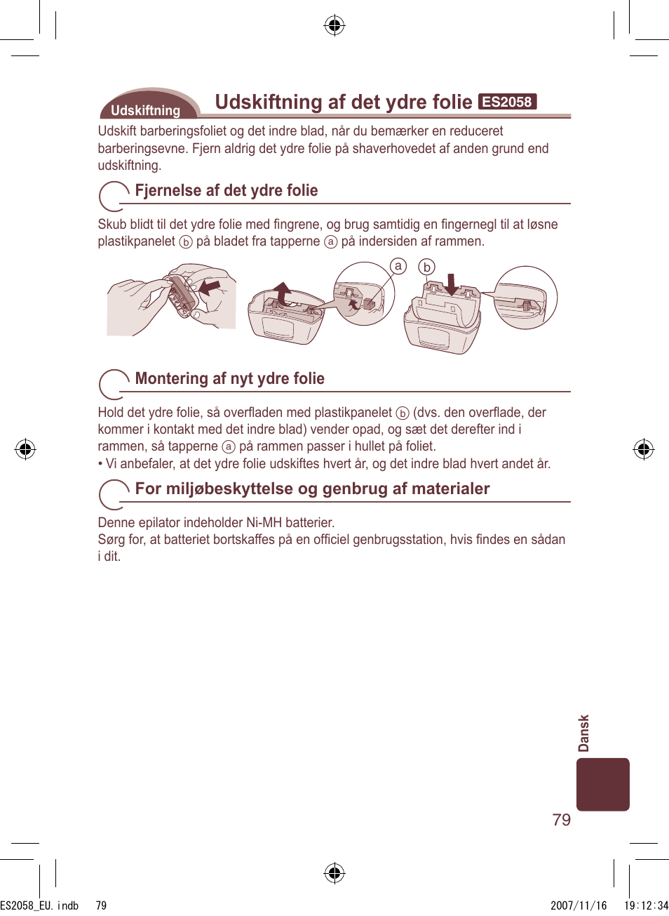 Udskiftning af det ydre folie | Panasonic ES2056 User Manual | Page 79 / 168