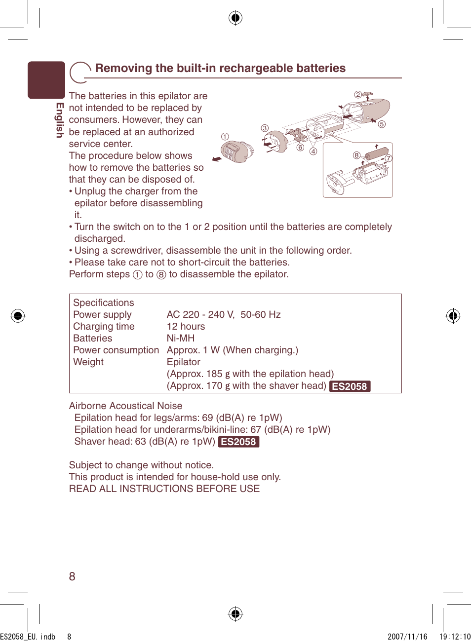 Removing the built-in rechargeable batteries | Panasonic ES2056 User Manual | Page 8 / 168