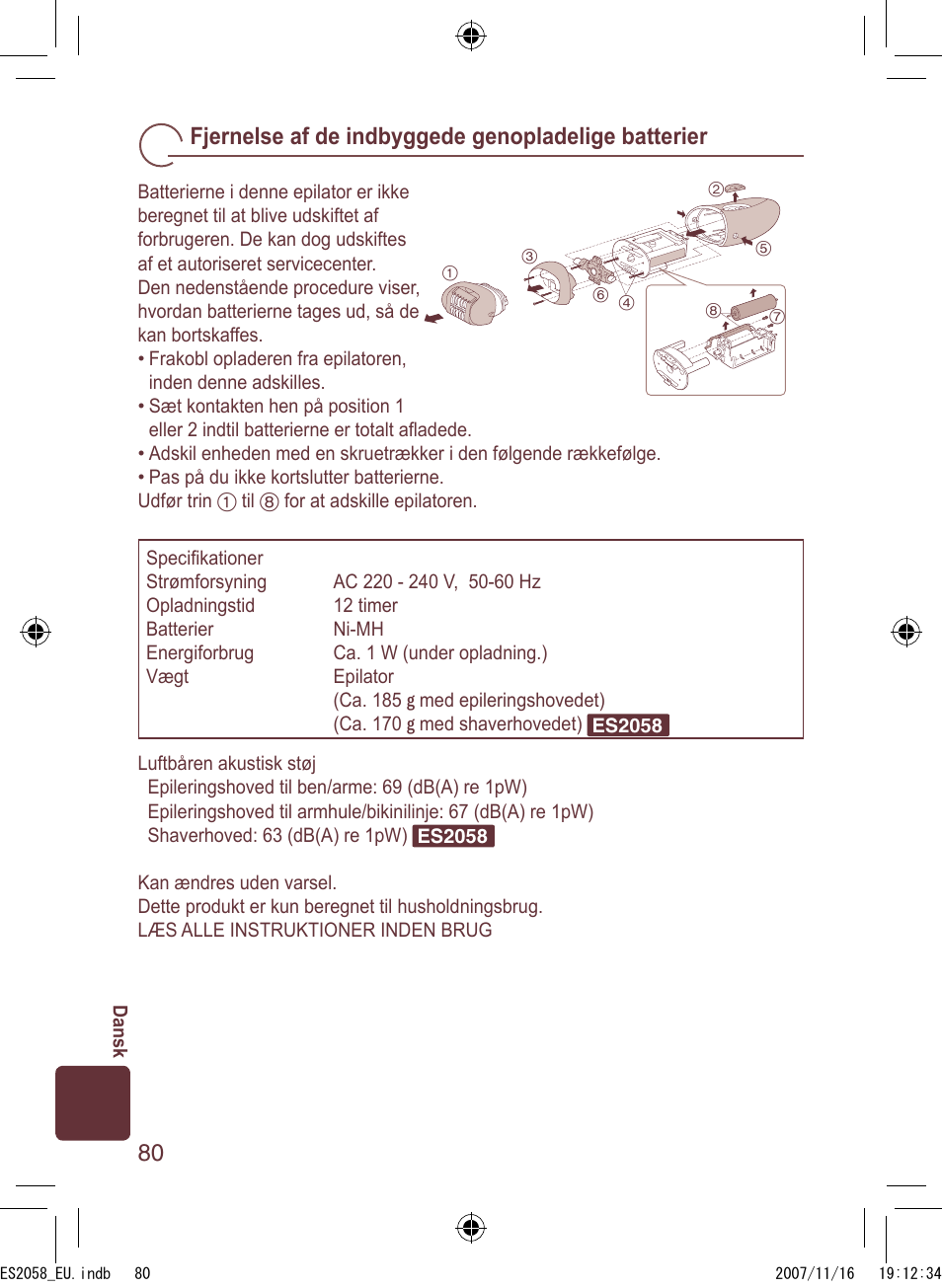 Fjernelse af de indbyggede genopladelige batterier | Panasonic ES2056 User Manual | Page 80 / 168