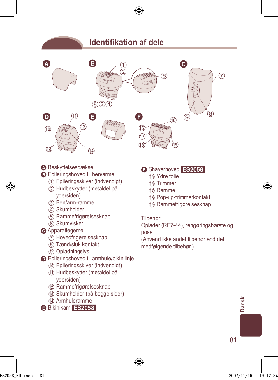 Identiﬁ kation af dele | Panasonic ES2056 User Manual | Page 81 / 168