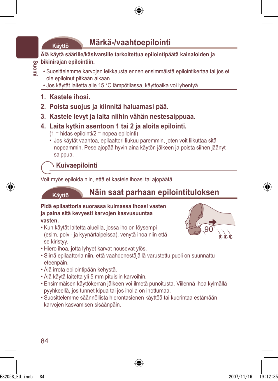 Märkä-/vaahtoepilointi, Näin saat parhaan epilointituloksen | Panasonic ES2056 User Manual | Page 84 / 168