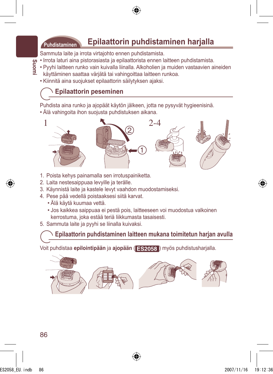 Epilaattorin puhdistaminen harjalla | Panasonic ES2056 User Manual | Page 86 / 168