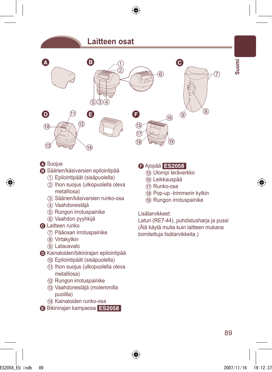 Laitteen osat | Panasonic ES2056 User Manual | Page 89 / 168