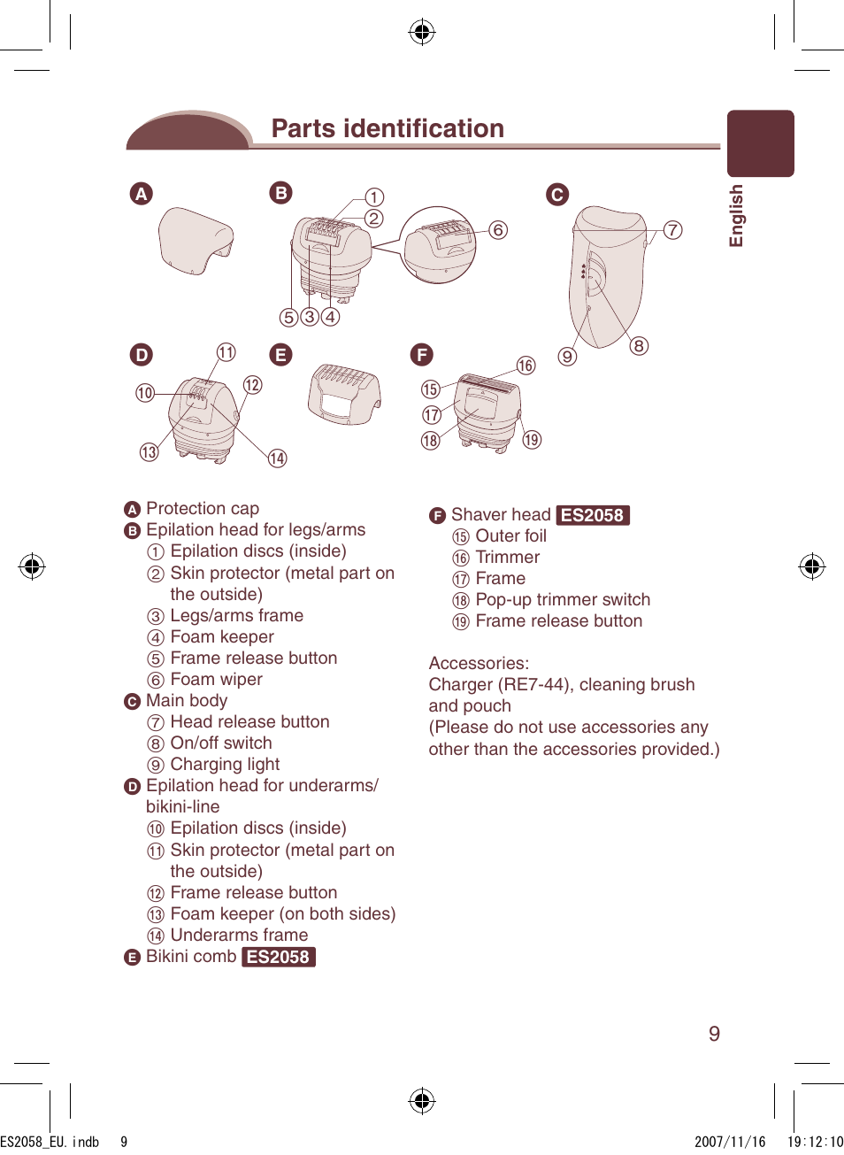 Parts identifi cation | Panasonic ES2056 User Manual | Page 9 / 168