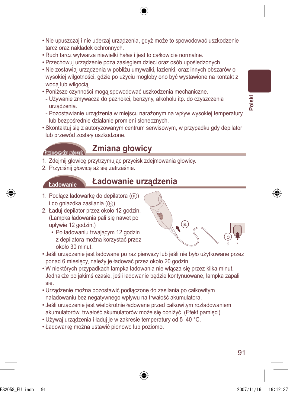 Zmiana głowicy, Ładowanie urządzenia | Panasonic ES2056 User Manual | Page 91 / 168