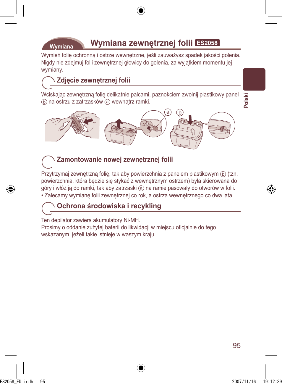 Wymiana zewnętrznej folii | Panasonic ES2056 User Manual | Page 95 / 168