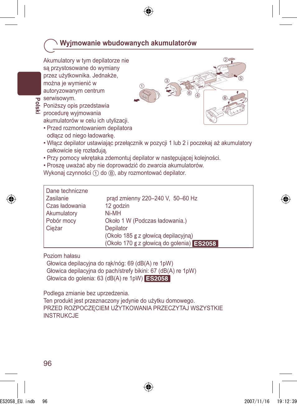 Wyjmowanie wbudowanych akumulatorów | Panasonic ES2056 User Manual | Page 96 / 168