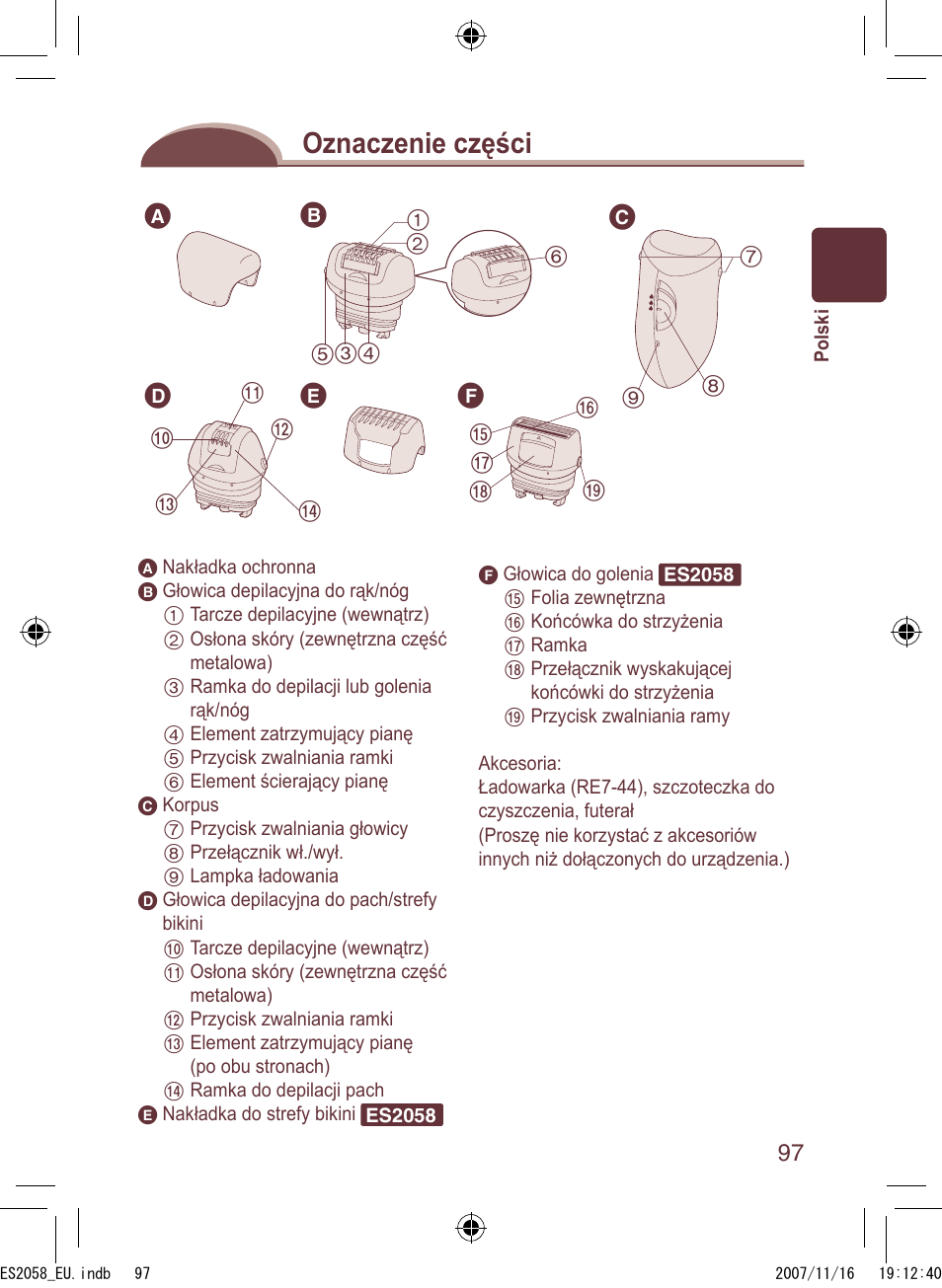 Oznaczenie części | Panasonic ES2056 User Manual | Page 97 / 168