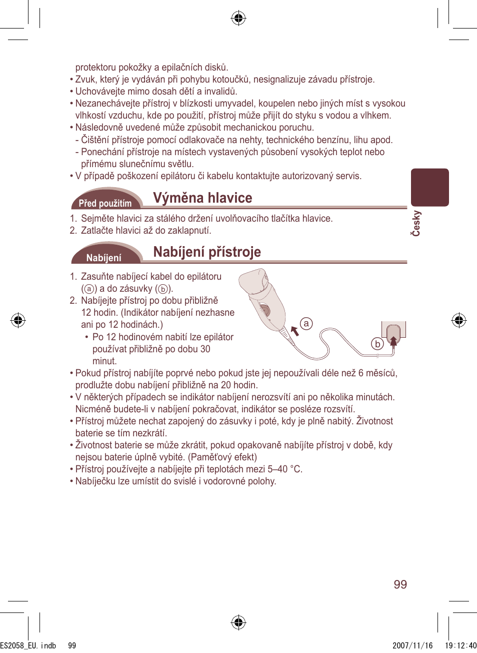 Výměna hlavice, Nabíjení přístroje | Panasonic ES2056 User Manual | Page 99 / 168