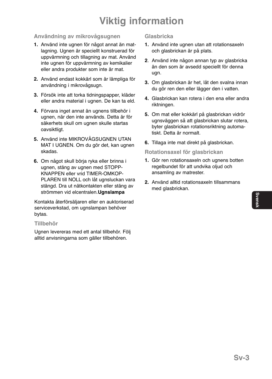 Viktig information, Sv-3 | Panasonic NNE251 User Manual | Page 101 / 194