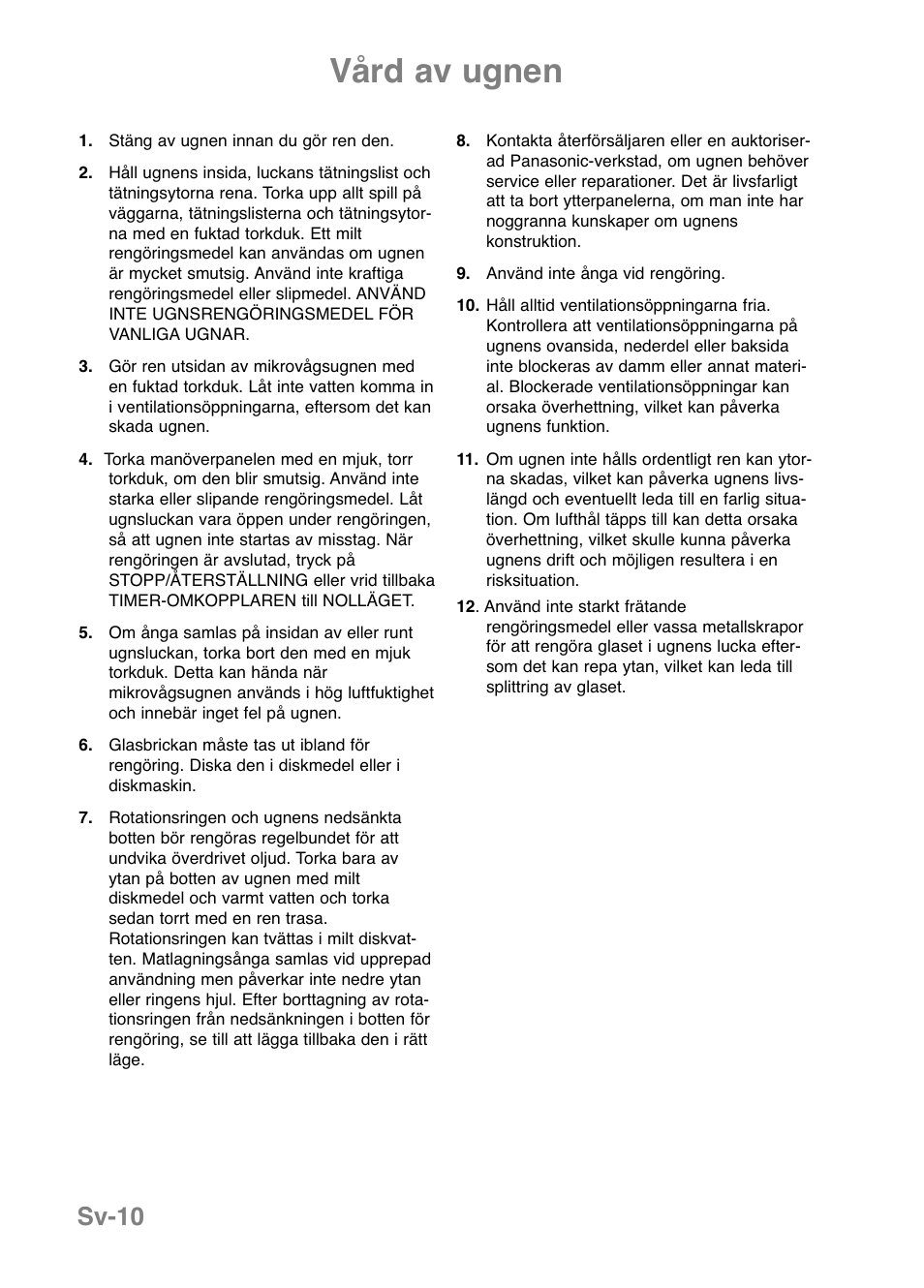 Vård av ugnen, Sv-10 | Panasonic NNE251 User Manual | Page 108 / 194