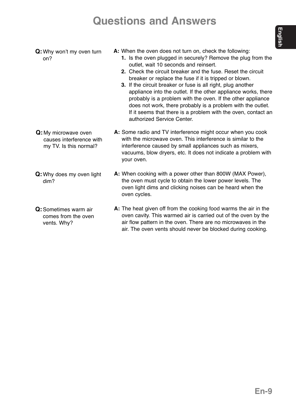 Questions and answers, En-9 | Panasonic NNE251 User Manual | Page 11 / 194