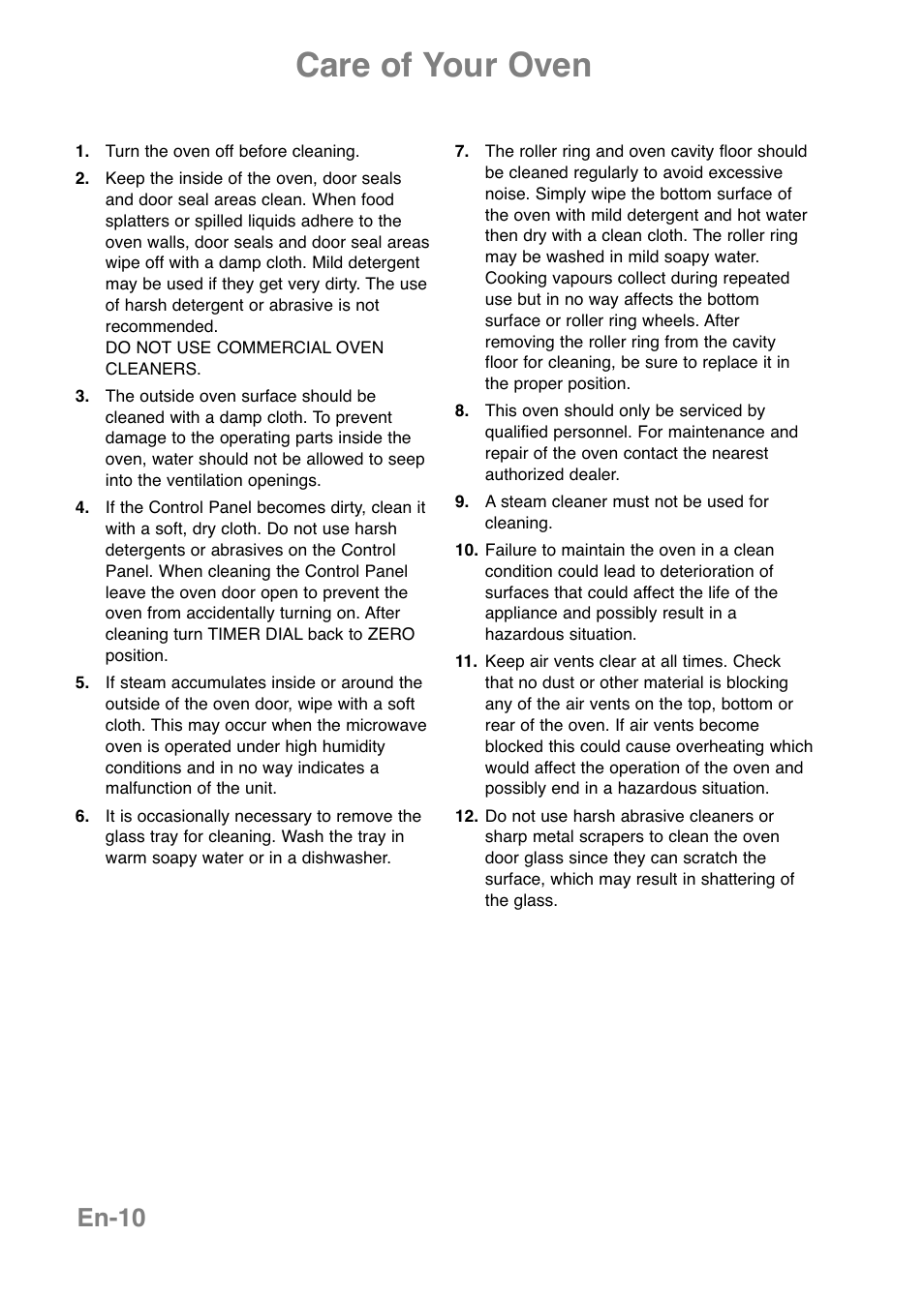 Care of your oven, En-10 | Panasonic NNE251 User Manual | Page 12 / 194
