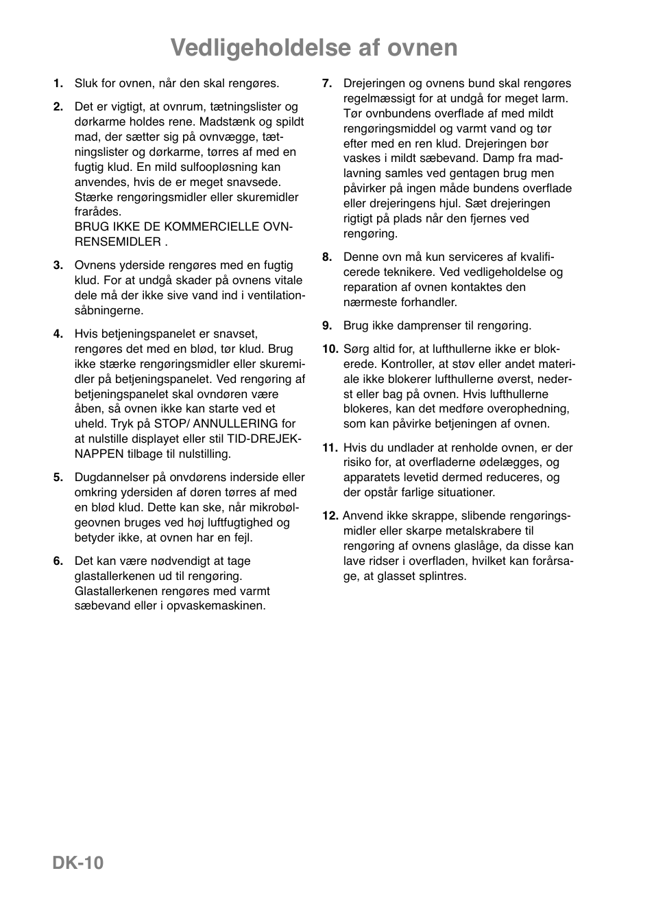 Vedligeholdelse af ovnen, Dk-10 | Panasonic NNE251 User Manual | Page 120 / 194