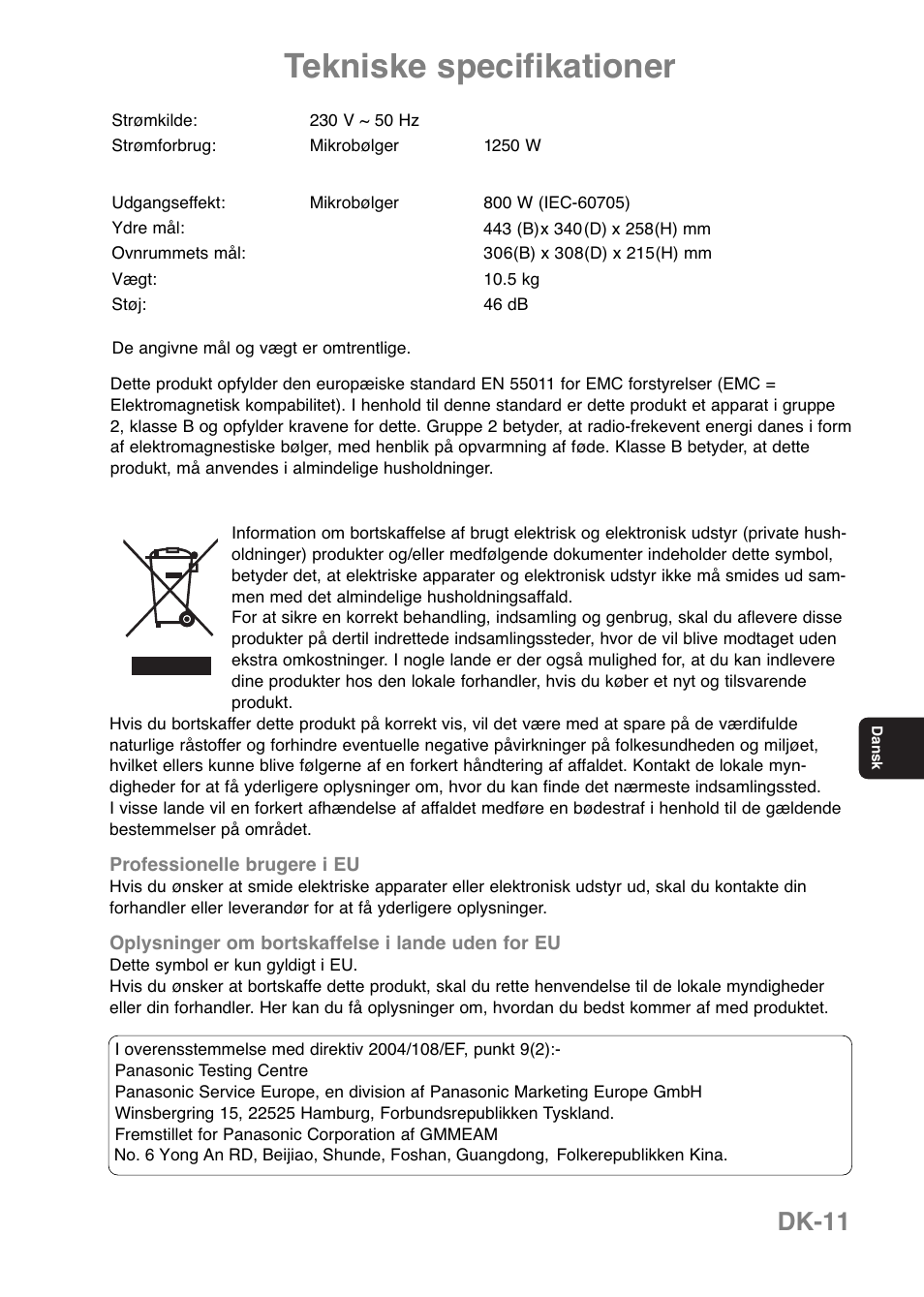 Tekniske specifikationer, Dk-11 | Panasonic NNE251 User Manual | Page 121 / 194