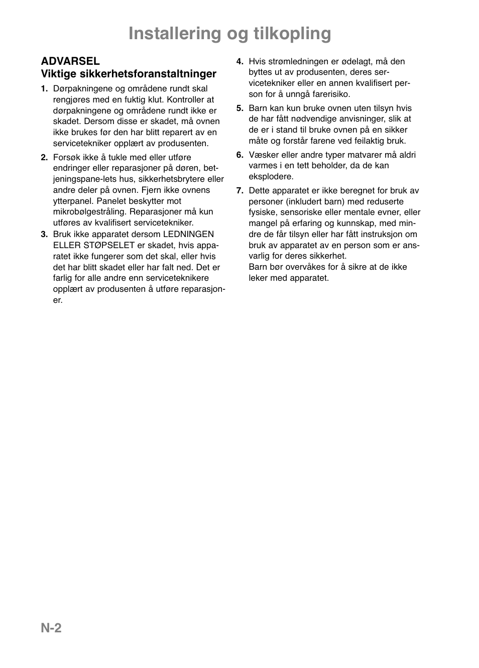 Installering og tilkopling | Panasonic NNE251 User Manual | Page 124 / 194