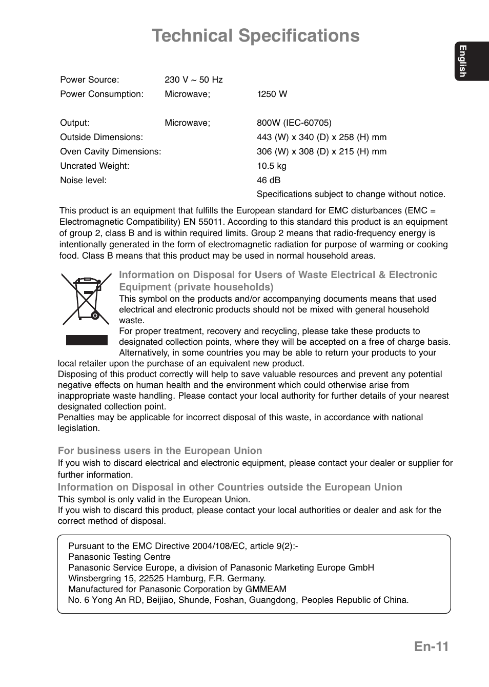 Technical specifications, En-11 | Panasonic NNE251 User Manual | Page 13 / 194
