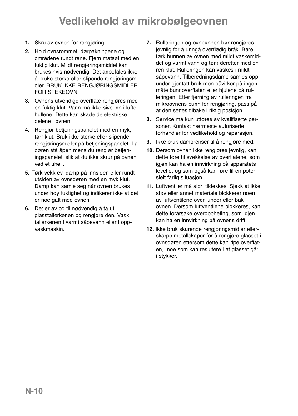 Vedlikehold av mikrobølgeovnen, N-10 | Panasonic NNE251 User Manual | Page 132 / 194