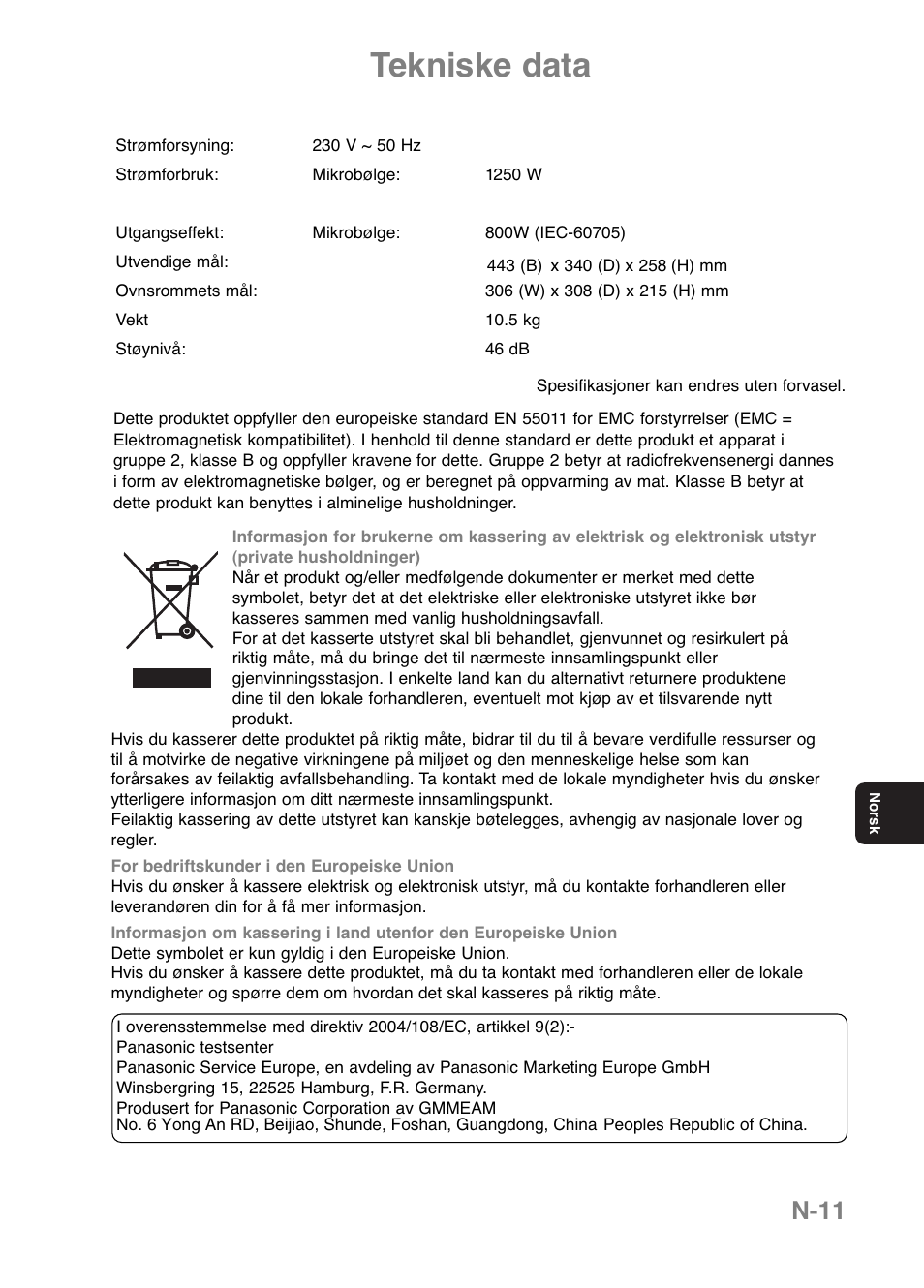 Tekniske data, N-11 | Panasonic NNE251 User Manual | Page 133 / 194