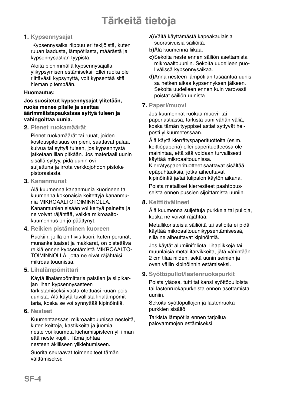 Tärkeitä tietoja, Sf-4 | Panasonic NNE251 User Manual | Page 138 / 194