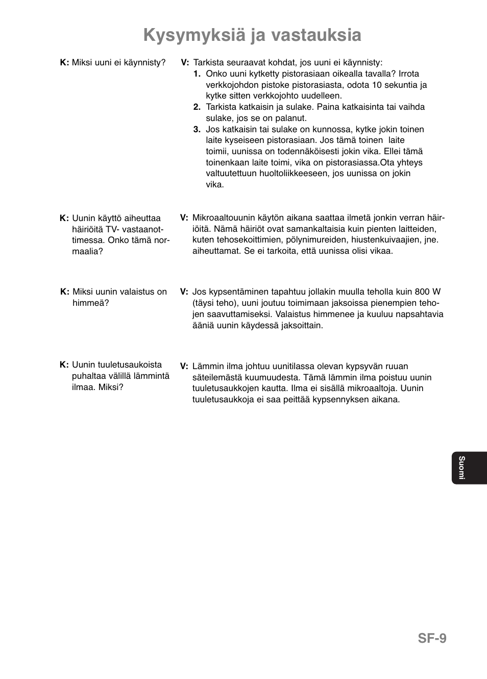 Kysymyksiä ja vastauksia, Sf-9 | Panasonic NNE251 User Manual | Page 143 / 194