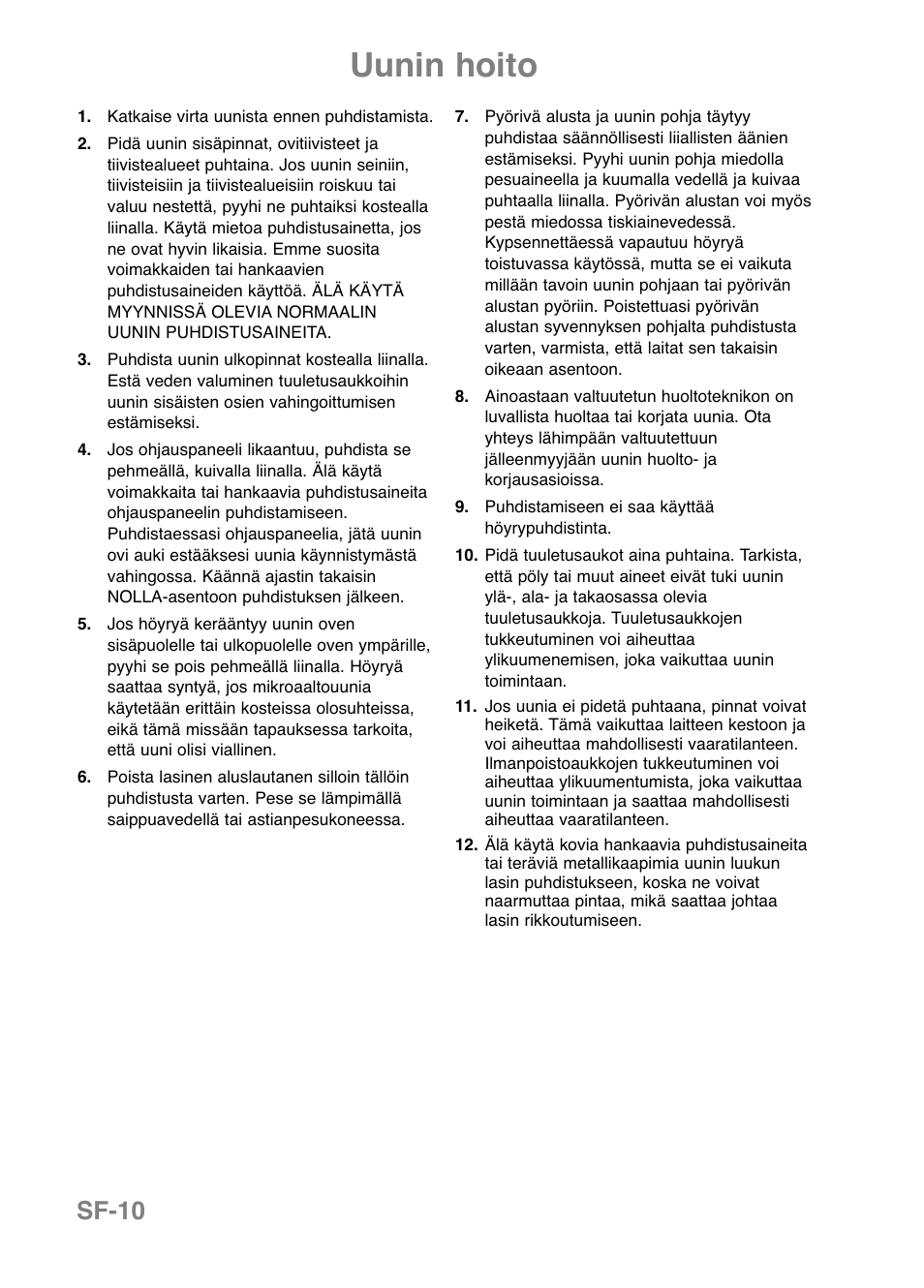 Uunin hoito, Sf-10 | Panasonic NNE251 User Manual | Page 144 / 194