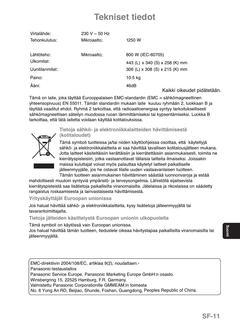 Tekniset tiedot, Sf-11 | Panasonic NNE251 User Manual | Page 145 / 194
