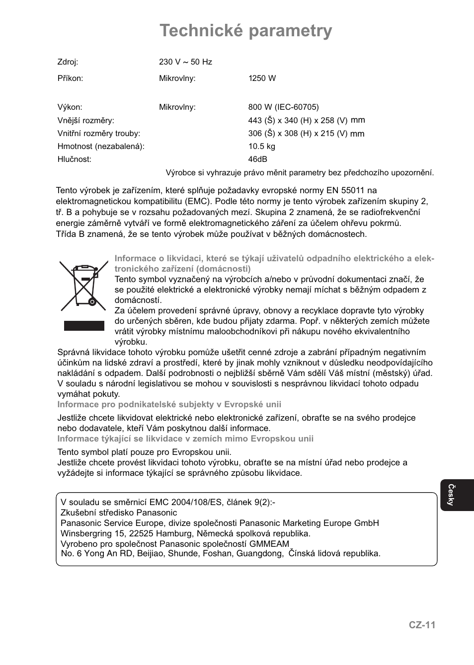 Technické parametry | Panasonic NNE251 User Manual | Page 157 / 194