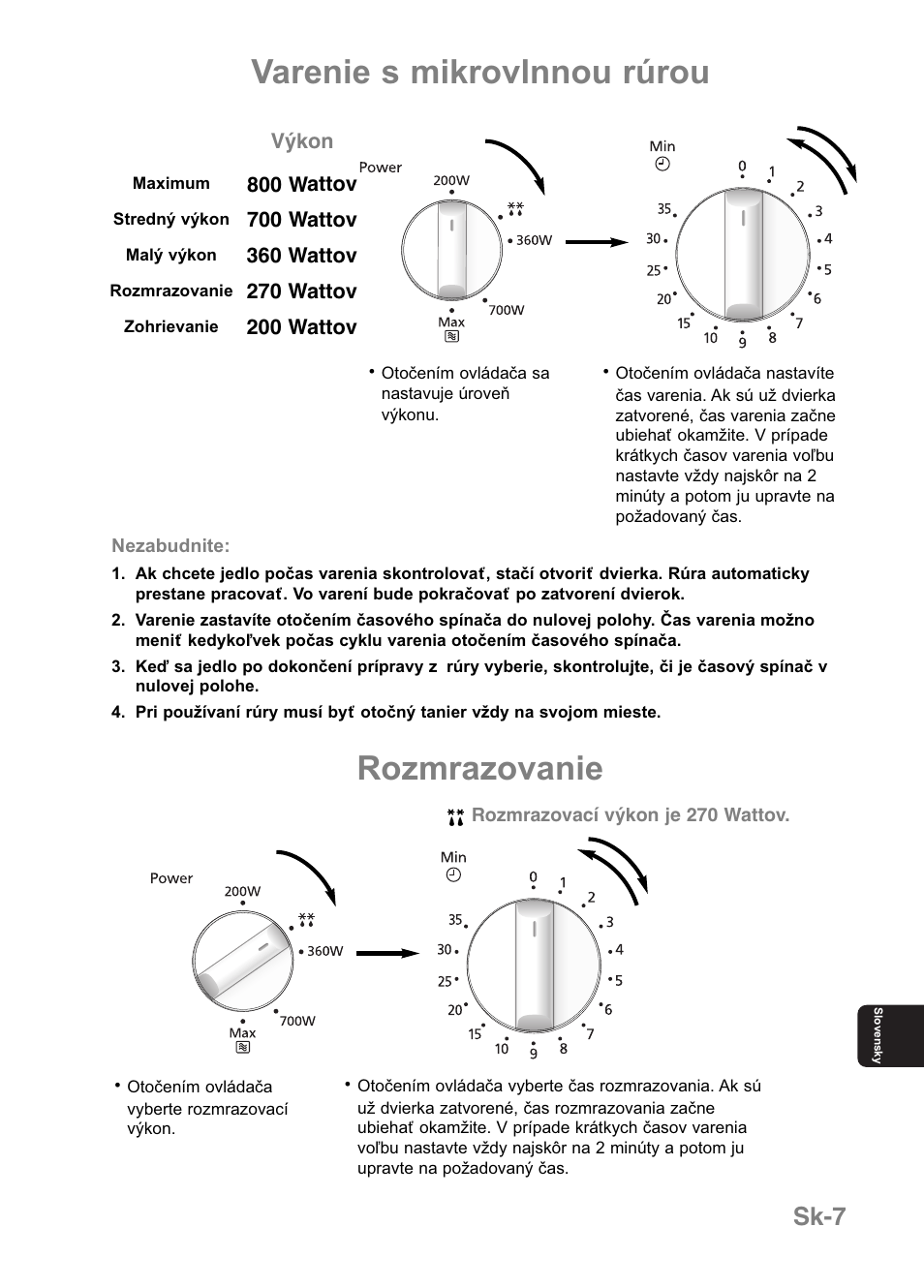 Varenie s mikrovlnnou rúrou, Rozmrazovanie, Sk-7 | Panasonic NNE251 User Manual | Page 165 / 194