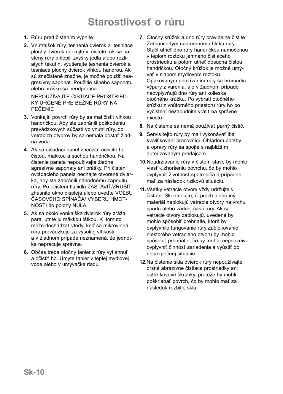 Starostlivosť o rúru, Sk-10 | Panasonic NNE251 User Manual | Page 168 / 194