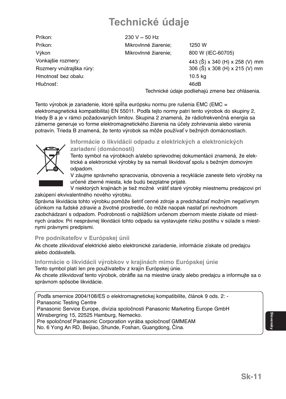 Technické údaje, Sk-11 | Panasonic NNE251 User Manual | Page 169 / 194