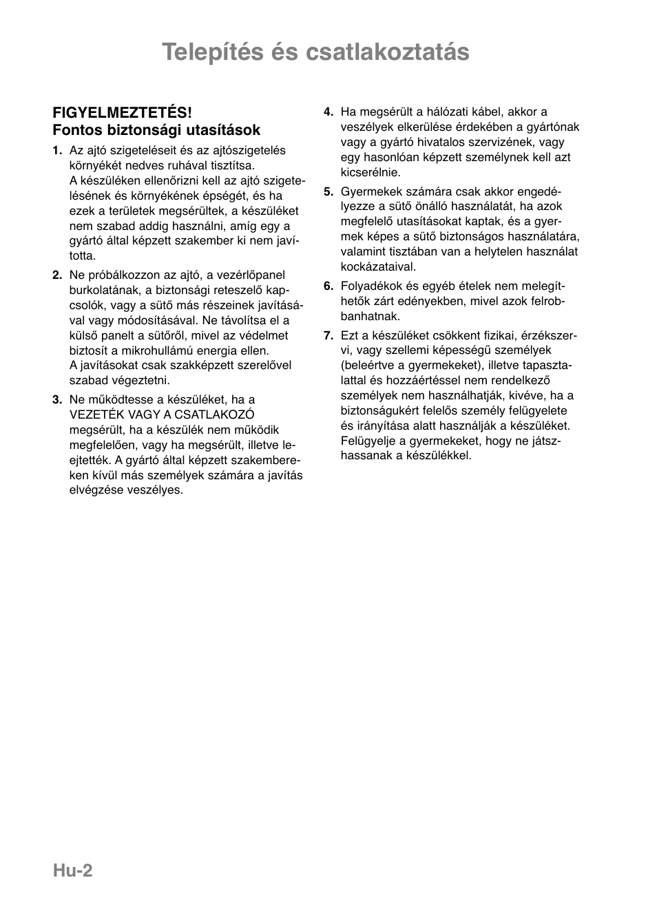 Telepítés és csatlakoztatás, Hu-2 | Panasonic NNE251 User Manual | Page 172 / 194