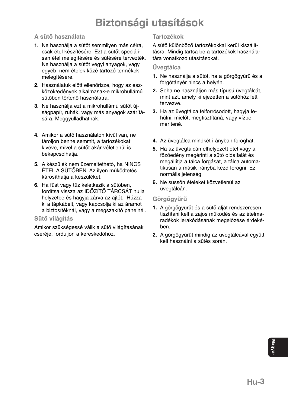 Biztonsági utasítások, Hu-3 | Panasonic NNE251 User Manual | Page 173 / 194