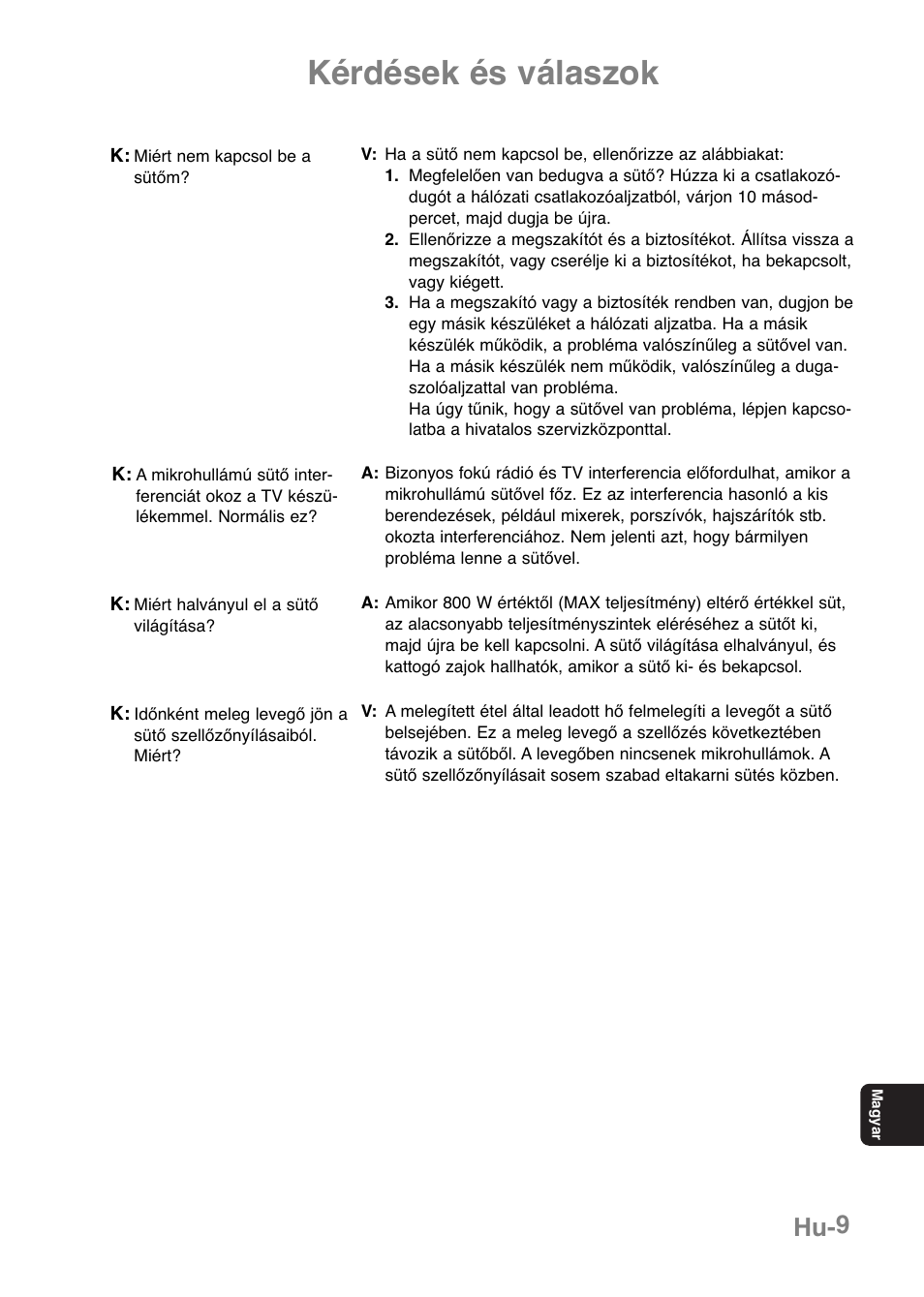 Kérdések és válaszok, Hu-9 | Panasonic NNE251 User Manual | Page 179 / 194