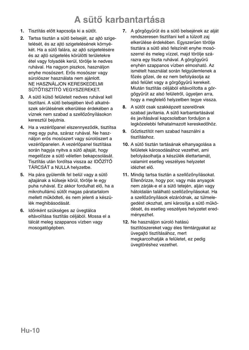 A sütő karbantartása, Hu-10 | Panasonic NNE251 User Manual | Page 180 / 194