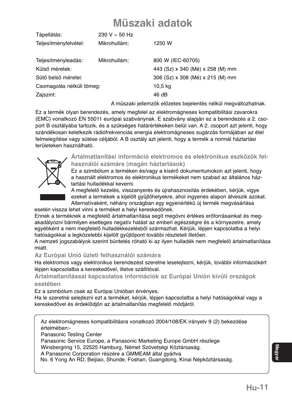 Műszaki adatok, Hu-11 | Panasonic NNE251 User Manual | Page 181 / 194