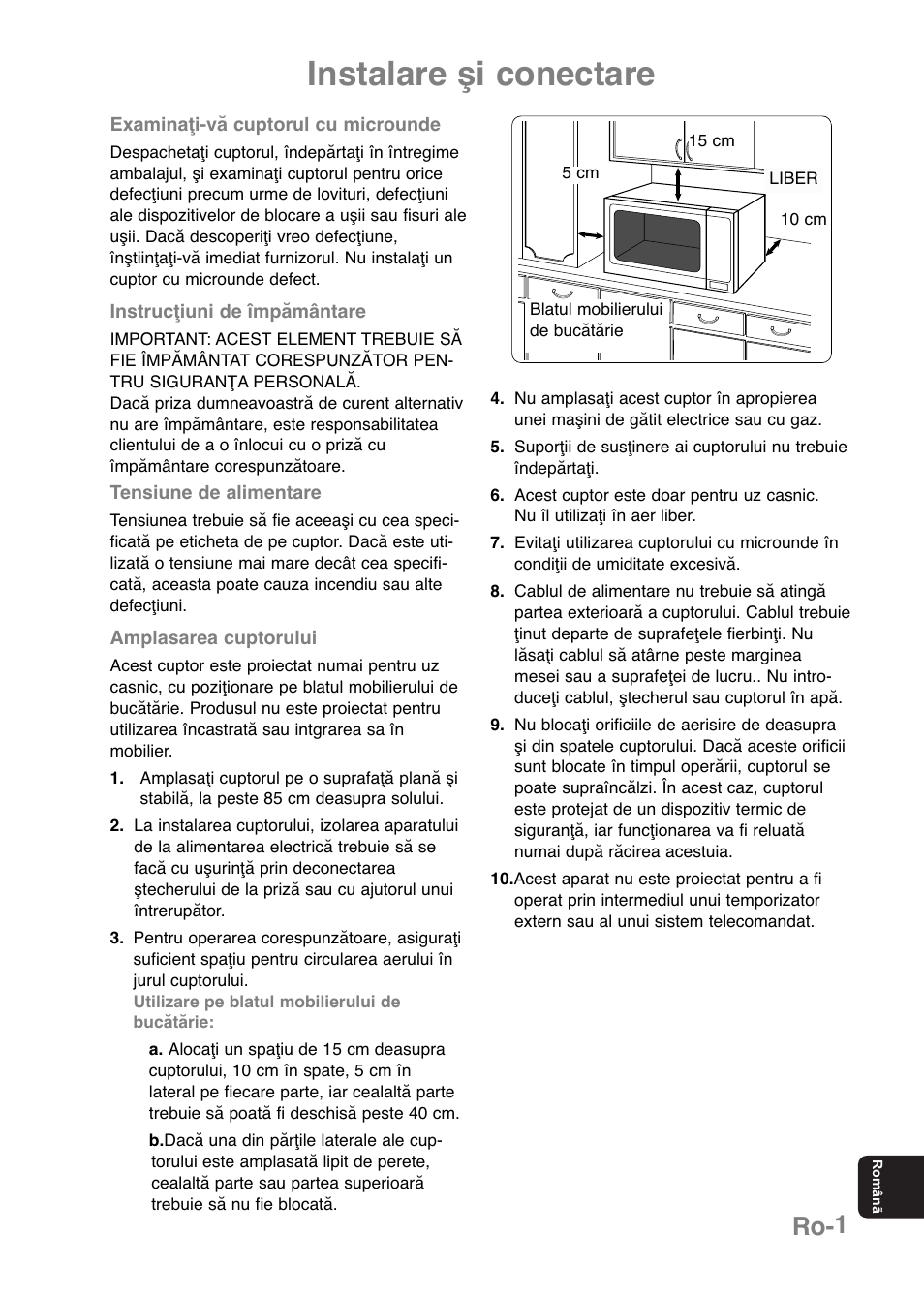 Instalare şi conectare, Ro-1 | Panasonic NNE251 User Manual | Page 183 / 194