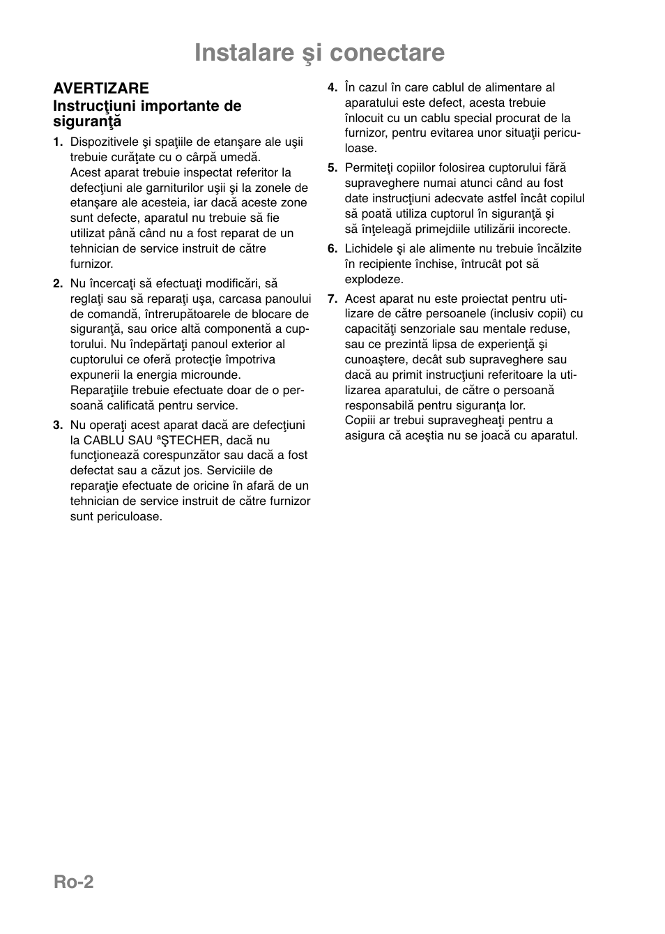Instalare şi conectare, Ro-2 | Panasonic NNE251 User Manual | Page 184 / 194