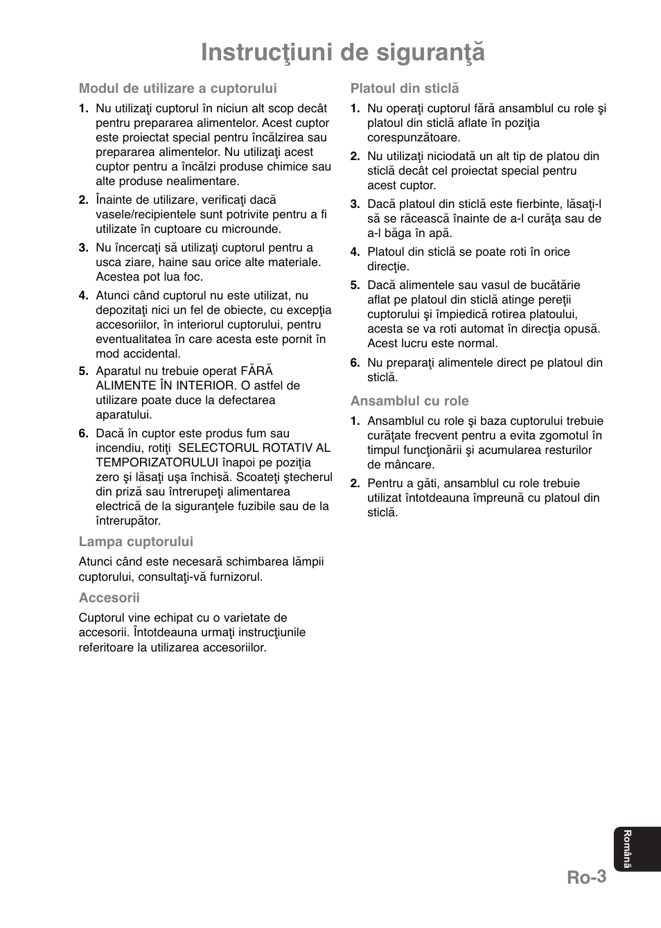 Instrucţiuni de siguranţă, Ro-3 | Panasonic NNE251 User Manual | Page 185 / 194