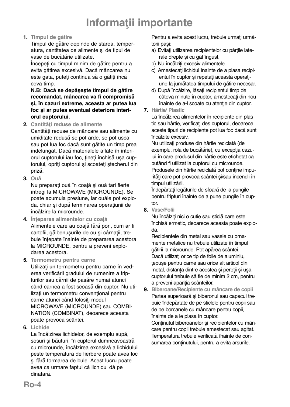 Informaţii importante, Ro-4 | Panasonic NNE251 User Manual | Page 186 / 194