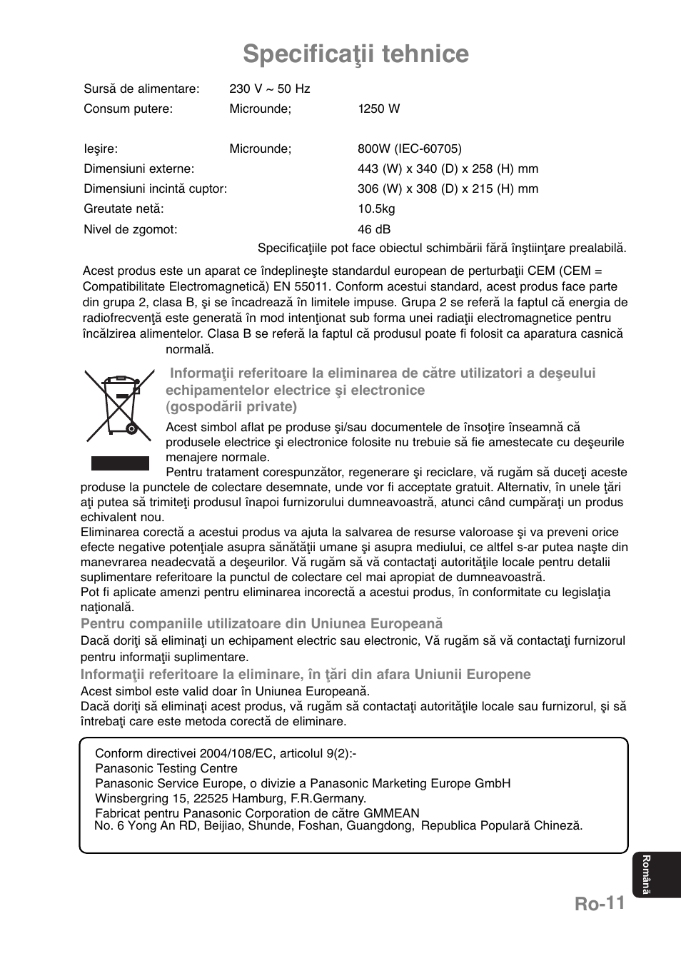 Specificaţii tehnice, Ro-11 | Panasonic NNE251 User Manual | Page 193 / 194