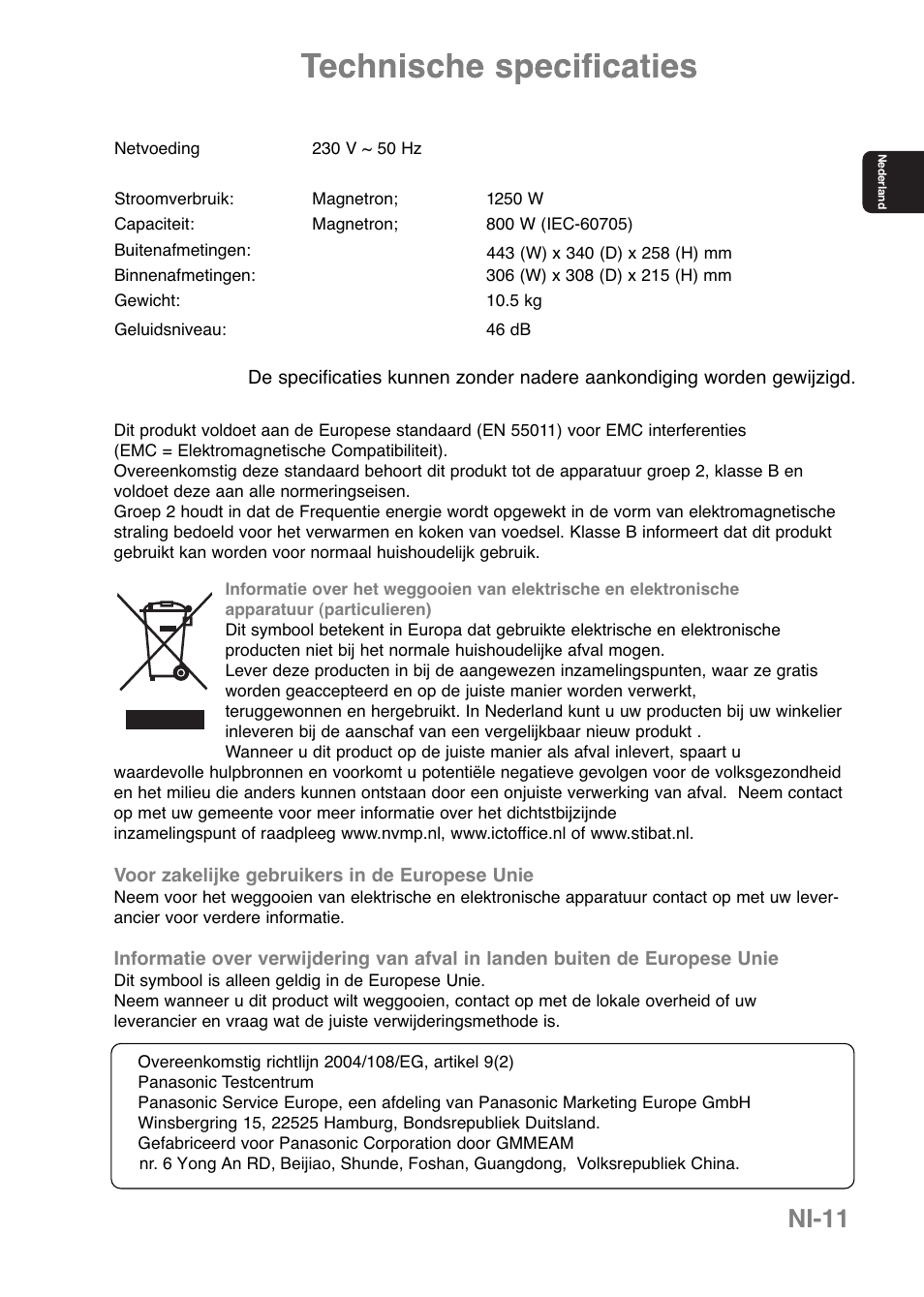 Ni-11 | Panasonic NNE251 User Manual | Page 25 / 194