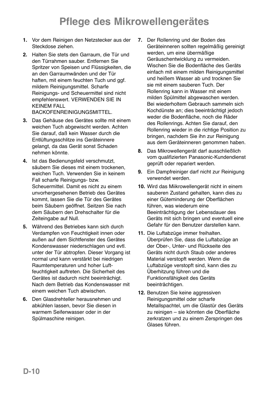Pflege des mikrowellengerätes, D-10 | Panasonic NNE251 User Manual | Page 36 / 194