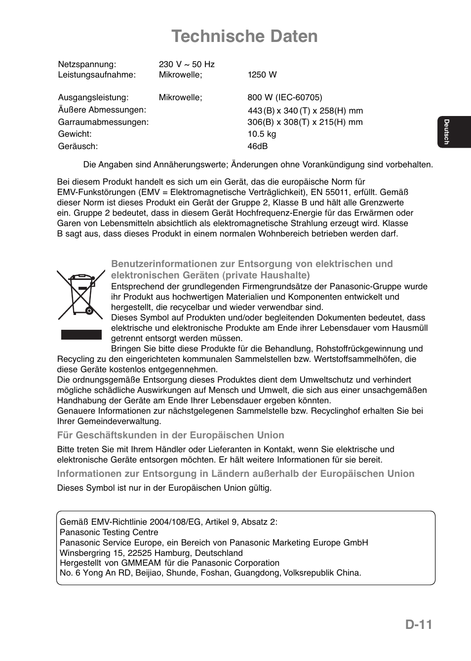 Technische daten, D-11 | Panasonic NNE251 User Manual | Page 37 / 194